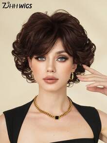 7JHH WIGS 女士短款摩卡棕色复古卷发假发，10英寸，蓬松飘逸，带刘海，采用耐热合成纤维制成，适合派对、日常佩戴和角色扮演。 - 紅木色 - 查看 2