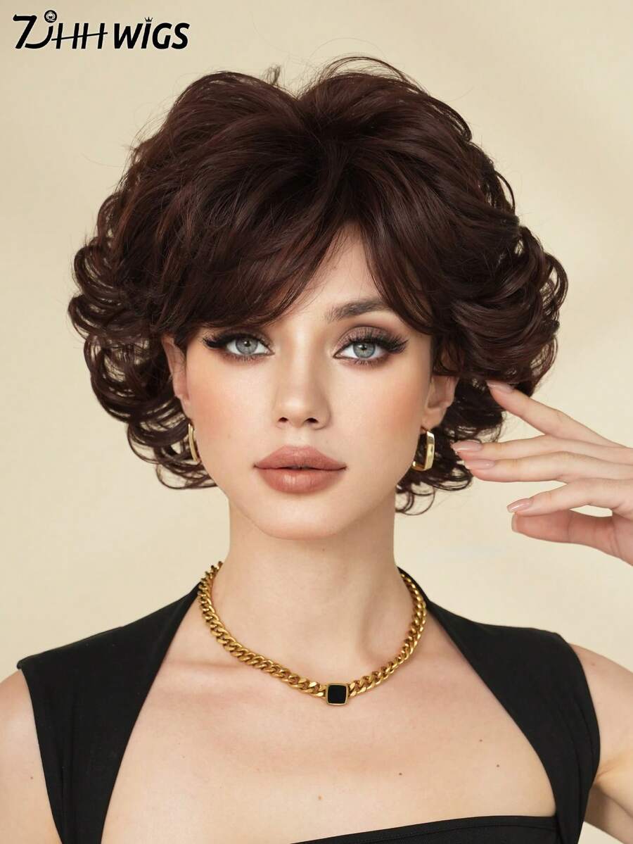 7JHH WIGS 女士短款摩卡棕色复古卷发假发，10英寸，蓬松飘逸，带刘海，采用耐热合成纤维制成，适合派对、日常佩戴和角色扮演。