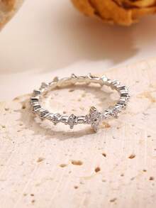 1 pieza Anillo abierto de lujo y versátil con flor de trébol de cuatro hojas incrustada en vidrio, adecuado para uso diario y de fiesta de las mujeres - Plateado - Ver 4