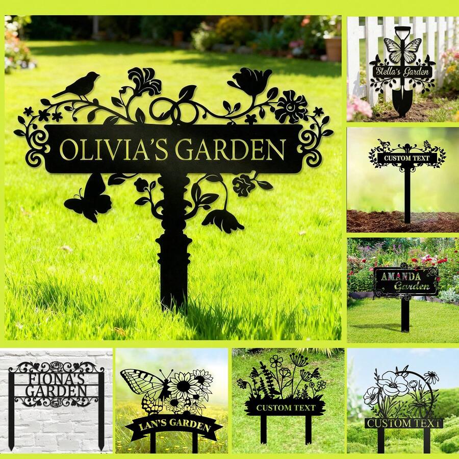 1pc Personalized Floral Design Garden Sign, Customized Garden Stake With Bird, Metal Yard Art For Outdoor Decoration, Personalized Name Mother's Gift, Gardening Gift, Housewarming Garden Bloom - Multicolor - View 1