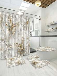 1pc/4pcs Elegant Butterfly Shower Curtain Set With 12 Hooks, Waterproof Polyester Fabric, Washable Bath Mat, Non-Slip Rug, Fashionable Bathroom Accessories, Dry Clean Only - Multicolor - View 4