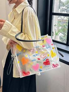 Women's Fashionable Heart-Graffiti Transparent Tote Bag, Large Capacity Shoulder And Handbag - Black - View 7