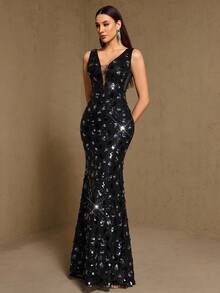 Women's Sexy Deep V-Neck Sequin Black Cocktail Party Evening Dress - Black - View 5