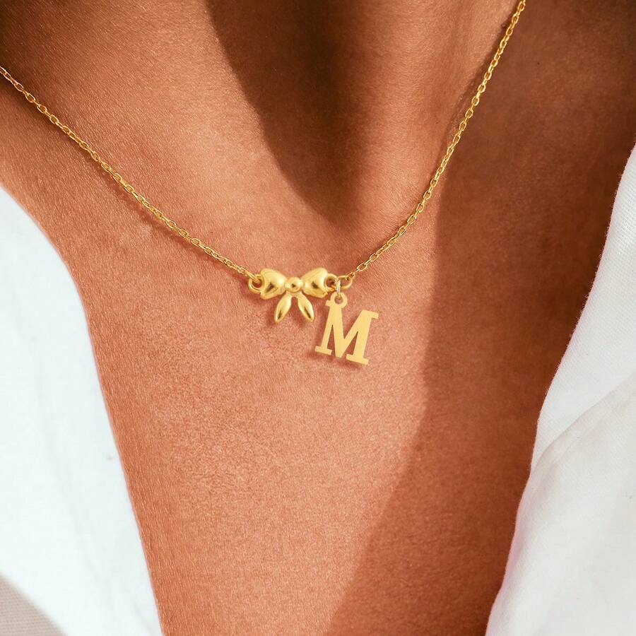 1pc Simple Fashion Initial Bow-Knot Pendant Golden Stainless Steel Chain Necklaces For Women - Yellow Gold - View 1