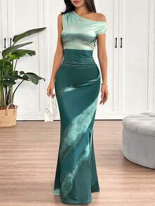 1 chiếc đầm ôm dáng, nhuộm tie-dye, lệch vai, gợi cảm, hàng mới về, thanh lịch cho mùa hè. - màu xanh lá - Xem 1