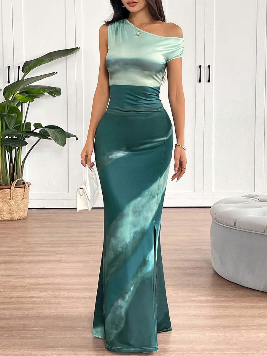 1 chiếc đầm ôm dáng, nhuộm tie-dye, lệch vai, gợi cảm, hàng mới về, thanh lịch cho mùa hè. - màu xanh lá - Xem 1