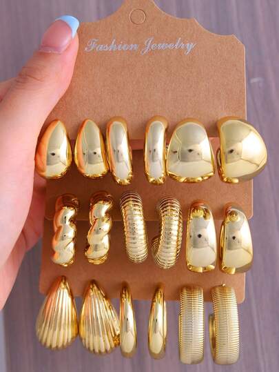 6-18pcs Water Drop/Teardrop Earrings, C-Shaped Twisted Stripe Hoop Earrings Set, Exaggerated Hip-Hop Accessories, Daily Wear Earrings For Women