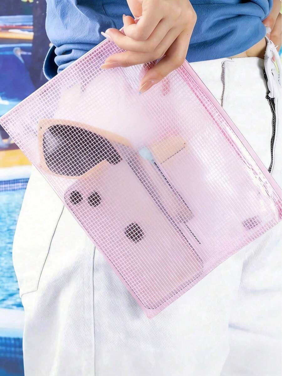 Túi đi biển lưới chống thấm nước thời trang, túi đựng mỹ phẩm in hình "bãi biển", chủ đề bãi biển. Túi đựng mỹ phẩm trong suốt dung tích lớn, túi đựng đồ vệ sinh cá nhân bằng nylon có khóa kéo, nhẹ, có thể đựng kem chống nắng, đồ ăn nhẹ, bikini và các vật dụng cần thiết khi đi biển.