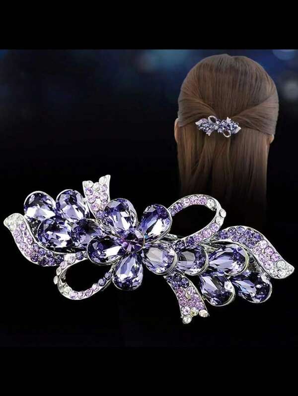 パープルフラワーヘアクリップ、女性用ラインストーンリボンヘッドピース、母の髪飾り、春用クリップ、ポニーテールクランプ、前髪バンズヘアデコレーション