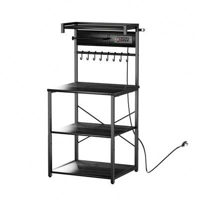 Kitchen Bakers Rack, 4.6ft Power Cable Bakers Rack With Power Outlet, Kitchen Stand With X-Shaped Support Bar, 8 S-Shaped Hooks, Coffee Bar Stand For Dishes, Spice Bottles, Built-In Power Strip