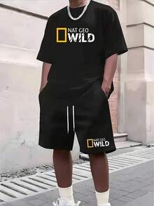 Summer Men's Casual Sport Short Sleeve T-Shirt And Shorts Set, Knitted Polyester Fabric, Comfortable Breathable With Letter Print - màu đen - Xem 1