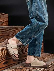 Men's Casual Slippers, Soft Sole One-Strap Slip-On, Non-Slip Simple Beach Shoes, Summer - Brown - View 3