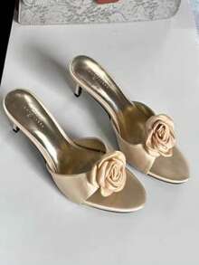 Pink Rose Pointed Satin Flower Mule High Heel Sandals For Women, Summer - Apricot - View 8