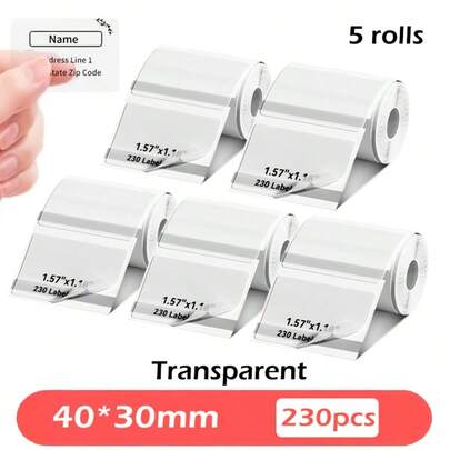 5 Rolls Of 40X30Mm Transparent Thermal Paper, 230 Sheets Per Roll, Suitable For Label Printers Like Phomemo M110/M221/M220/M120, Perfect For Projects, Gift Wrapping, Name Tags, Thank You Cards, Greeting Cards, And More