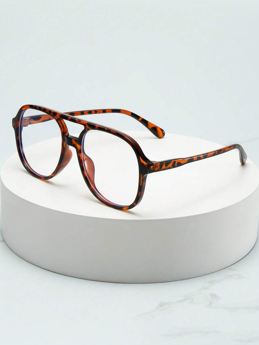 1pc Women's Double-Bridge Large Frame High-Quality Minimalist Fashion Decorative Glasses, Suitable For Daily Wear, Parties, And Casual Outfits - Tortoise Shell Frame Plain Mirror - View 1