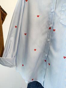 Camisa casual de rayas con estampado de corazón para mujer, primavera - Corazón Azul - Ver 6