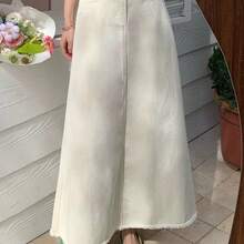 Off-White Denim Skirt For Women, 2026 Spring-Summer, High-Waisted, Slimming, Frayed Hem, Mid-Length, Bodycon, A-Line Fishtail Skirt - Off White - View 4