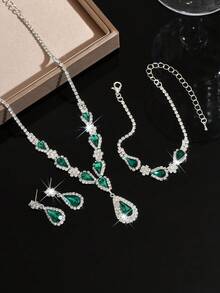 Bộ trang sức bạc 3 món, gồm dây chuyền hình chữ V đính pha lê giọt nước, bông tai và vòng tay hình giọt nước, thiết kế bắt mắt, phụ kiện cưới/dạ hội, quà tặng Lễ Tạ ơn/tốt nghiệp. - màu xanh lá - Xem 4