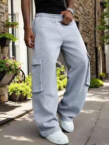Men's Light Grey Loose Cargo Pants, Elastic Waist, Multi-Pocket, Street Style - Light Grey - View 2