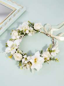 1pc Elegant Rose Flower Boho Bridal Wreath, Romantic Wedding Headpiece - White - View 4