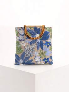 Fashionable Colorful Sequin Contrast Mesh Embroidered Jacquard Elegant Lady Bamboo Handle Tote Bag, Linen Handbag For Party & Holiday, Floral Pattern Randomly Sent - Multicolor - View 4