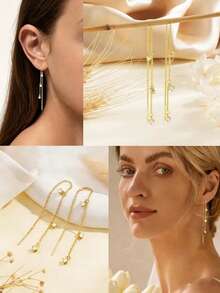 2 piezas Pendientes largos con borlas minimalistas para mujer, pendientes colgantes de cadena delicada de oro/plata con incrustaciones de circonita - A - Ver 1