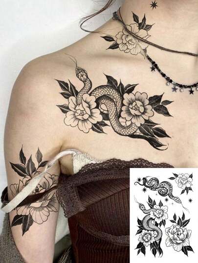1 autocolant tatuaj temporar pentru corp, potrivit pentru bărbați și femei, modele realiste cu flori și șarpe, cu tematică întunecată. Tatuaj fals rezistent la apă, durează 2-5 zile, poate fi folosit pe mâini, brațe, gât, umeri, piept, talie, picioare și glezne. Perfect pentru sărbători, petreceri, cadouri, vacanțe, festivaluri de muzică, decorare corporală, potrivit pentru diverse ocazii.