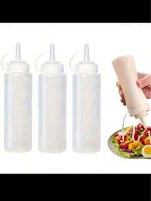 3pcs 4oz Squeeze Bottles With Plastic Caps And Measuring Cups, Rotatable Dispenser Containers Suitable For Ketchup, Tahini, BBQ Sauce, Salad Dressing, Olive Oil, Ideal For Restaurant Use - White - View 2