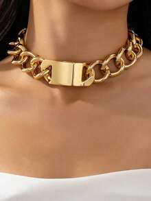 1 Pc Golden Color Chunky Curb Chain Choker Necklace For Women , Magnetic Clasp Cuff Chokers - 黃金2 - 查看 5