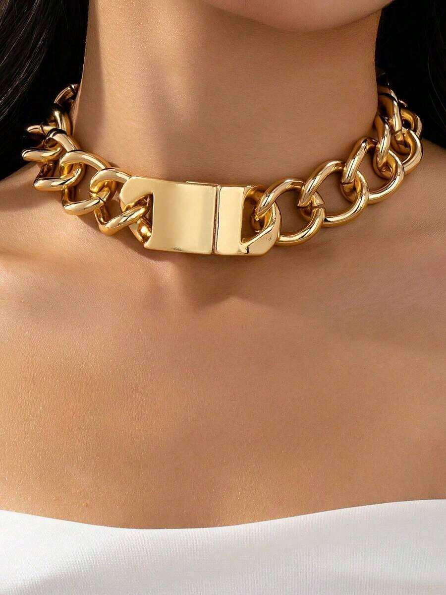Women Chunky Gold Curb Chain Choker Magnetic Clasp Adjustable Statement Necklace Layered Cuff Choker For Everyday Wear - Gold - View 1