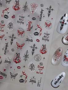 1张哥特式蝴蝶性感唇印黑色银色红色火焰玫瑰星星英文字母自粘美甲贴纸 - 彩色 - 查看 2