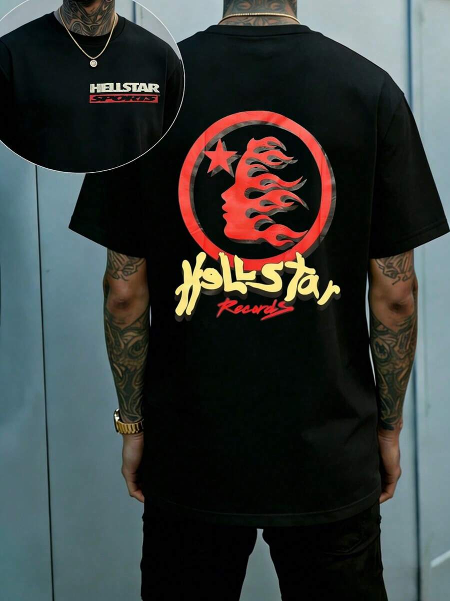 Hellstars Retro Fire Hair Logo Records Vintage T-Shirt Double Sided Printed (220g 100% Cotton T-Shirt),Summer Clothes, Men's Tops, Casual And Comfortable, Fashionable Graphic Tee, Unisex Style - 黑色 - 查看 1