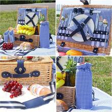 Picnic Basket 4 With Waterproof Picnic Blanket And Insulated Cooler, Willow Hamper Camping, Outdoors, Photoshoot, Or A Birthday, Valentine's Day, Wedding, Pink - 藍白網格 - 查看 4