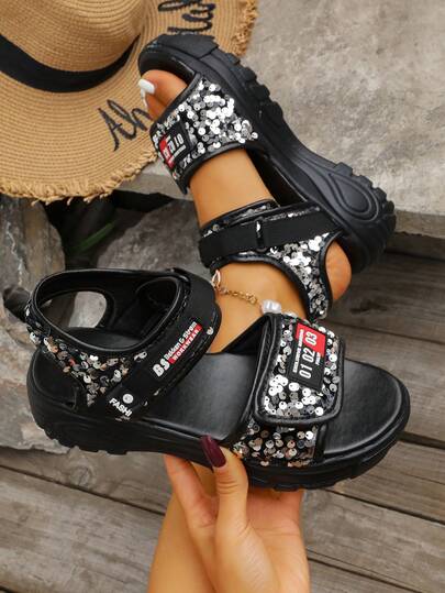 Sandalias deportivas de moda para mujer, diseño de letras con cierre de gancho y bucle, sandalias de punta abierta con brillo