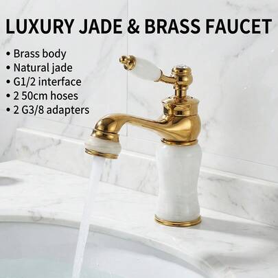 Robinet de lavabo de salle de bain européen rétro en or plaqué et pierre de jade blanche, robinet de comptoir à double commande eau froide et chaude