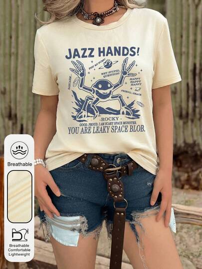 大码女式日常爵士手势图案圆领短袖休闲夏季女式上衣，讽刺语录图案时尚百搭杏色女式T恤