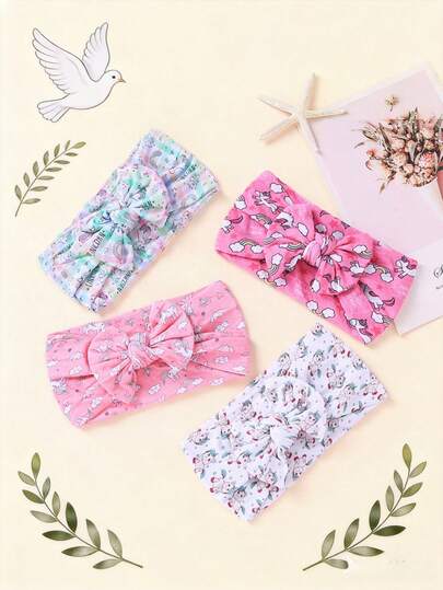 1个柔软可爱的彩虹独角兽印花蝴蝶结发箍，弹性婴儿发饰