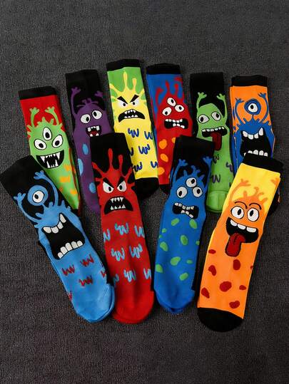 1/3/5 זוגות גרביים עד אמצע השוק בעיצוב מפלצת אקראי לגברים, גרבי ספורט אופנתיים בסגנון רחוב לאביב/קיץ, דוגמת מפלצת מצוירת מוזרה, גרביים אלסטיות נוחות באיכות גבוהה ללבוש יומיומי, קז'ואל, בית, מתנה אידיאלית לכל עונות השנה וחגים