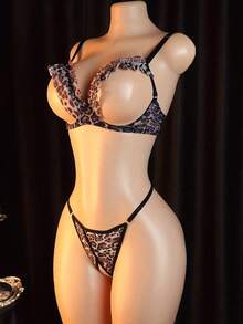 3 PiecesSexy Sheer Lace Bralette Set With Satin Straps, Naughty Girl Style - Black - View 3