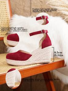 Women's Comfortable Non-Slip Buckle Round Toe Platform Wedge Shoes, Spring/Summer - Burgundy - View 9