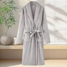 1件中性長袖浴袍，翻領設計，純色法蘭絨長袖居家服，加厚珊瑚絨，柔軟吸水，適用於居家、飯店、泳池、美容院 - 白色 - 查看 20