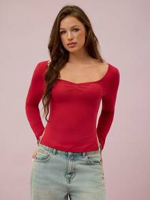 Leadlive 新款春季系列甜心领红色T恤，休闲修身，简约百搭，露背设计，荷叶边开衩，女士长袖上衣 - 紅色 - 查看 4