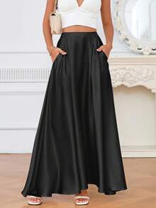 Solid Color Micro Elastic Waistband Thick Satin Women's Four Season Skirt, Essential For Daily Life And Halloween Business Holiday Season - Black - View 6