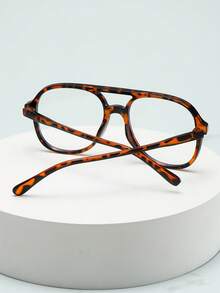 1pc Women's Double-Bridge Large Frame High-Quality Minimalist Fashion Decorative Glasses, Suitable For Daily Wear, Parties, And Casual Outfits - Tortoise Shell Frame Plain Mirror - View 4