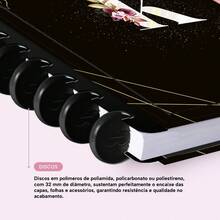 Caderno De Disco Iscool Inteligente 140 Folhas M+ G+ Monograma Floral Letra K - Preto e Rosa - Visão 9