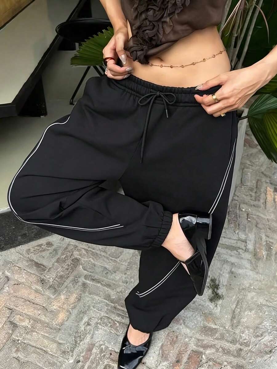 Women's New Fashion Casual Pants, Line Design, Loose Fit, Suitable For All Seasons, Outdoor Activities And Daily Wear, Perfect Gift For Girlfriend Sports - Black - View 1