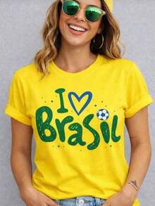 Women's T-Shirt Copa Brasil Women's I Love Brazil Stylish 2026 100% Cotton Short Sleeve Round Neck Summer Style - Màu vàng - Xem 2
