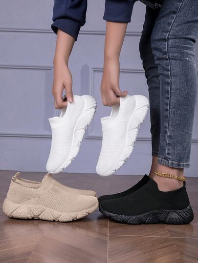 1 Pair Rhombus V-Shaped Printed Geometric Pattern Elegant Preppy Style Lace-Up Casual Shoes For Women, Platform Increase Height, Sneakers, Sock Shoes, Running Shoes, Work Shoes For Party, Office, Gym, Spring/Summer, Slip-On, Solid Color Minimalist, Fashion Versatile Mesh Breathable, Lightweight Comfortable Black Shoes