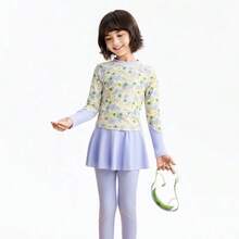 Annil 【碎花长袖泳衣套装】女童夏季高弹防水两件式裙泳衣训练泳装 - 黃紫花 - 查看 6