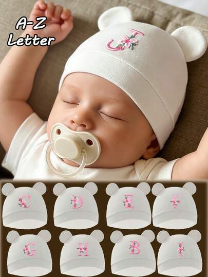 1pc Infant Lightweight 26 Flower Letter Bear Beanie Hat, Adorable Dual Ear Design, Soft Comfortable Breathable, Fits 0-3 Months Babies All Seasons, Multiple Options, Suitable As Birthday Gift